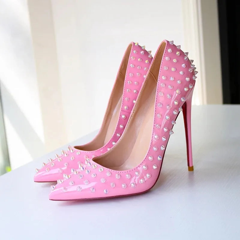 Women's Pink Studded High Heels – Rivet Pointed Toe Pumps Studded High Heels Axl