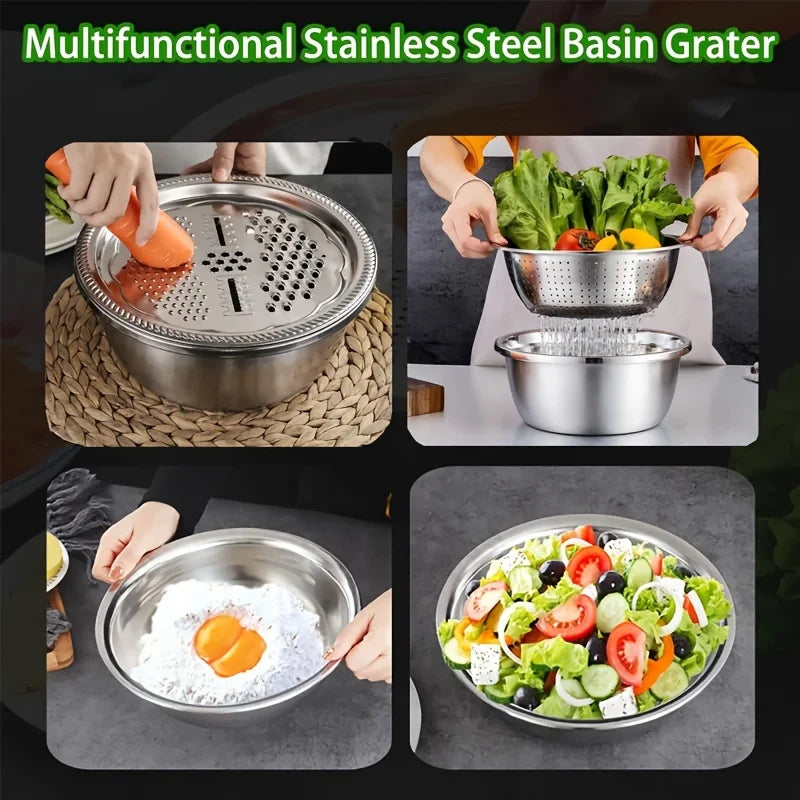 4-in-1 Stainless Steel Rice Washer Colander & Grater Basin Kitchen Colander Basin Axl