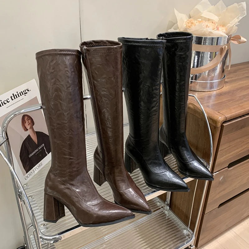 Women's Knee High Square Heel Boots – Pointed Toe Winter Knee High Boots Axl