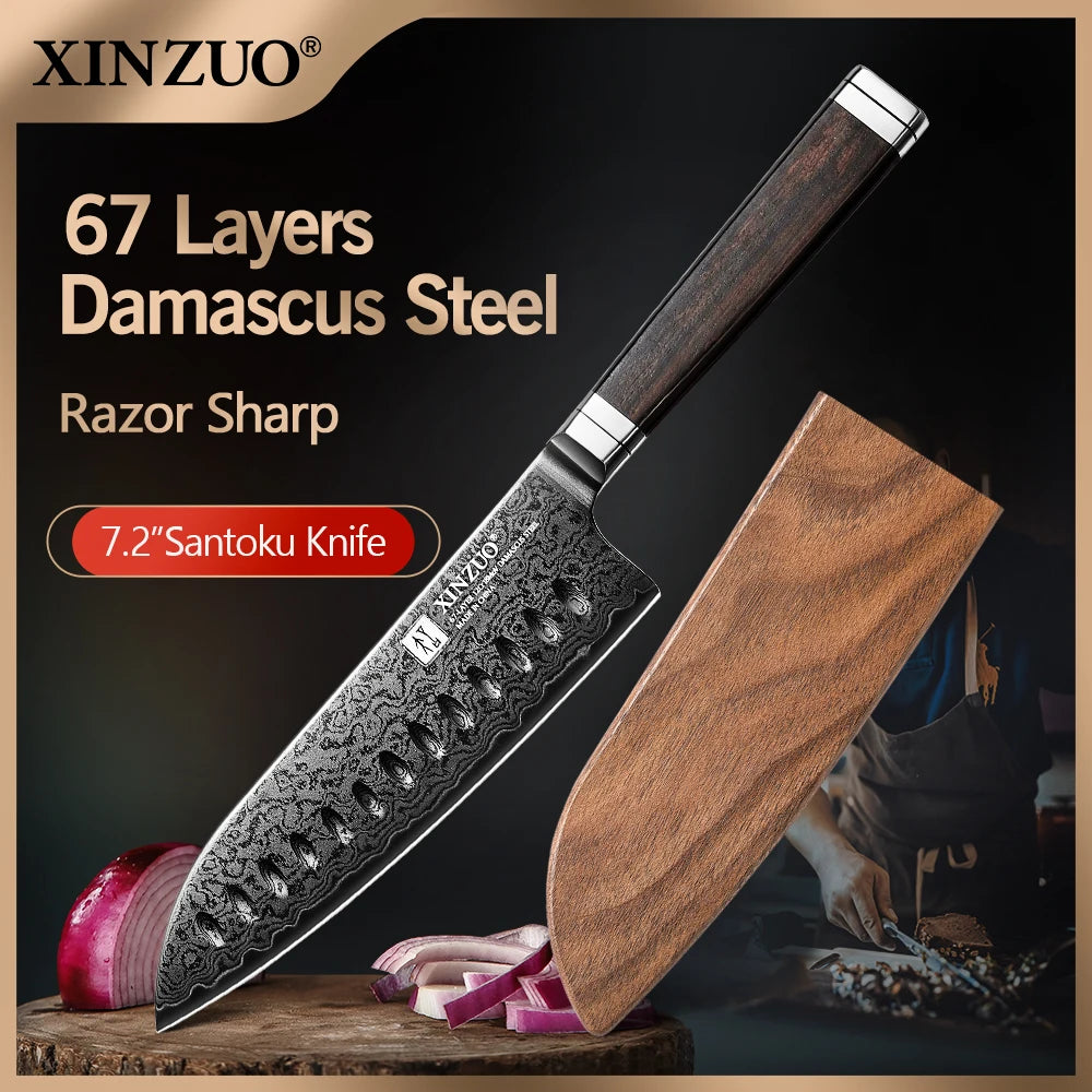 XINZUO 67-Layer Damascus Santoku Knife 7-Inch | Ebony Handle Damascus Santoku Knife Axl