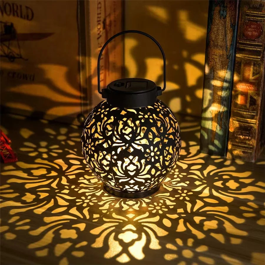 Solar Hanging Garden Light – Hollow Iron Art LED Projection Lamp Solar Garden Lantern Axl black