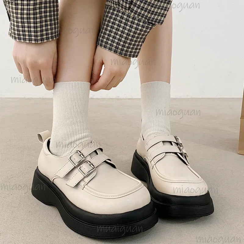 Women's Platform Loafers – Round Toe Mary Jane Buckle Flats Women's Loafer Flats Axl