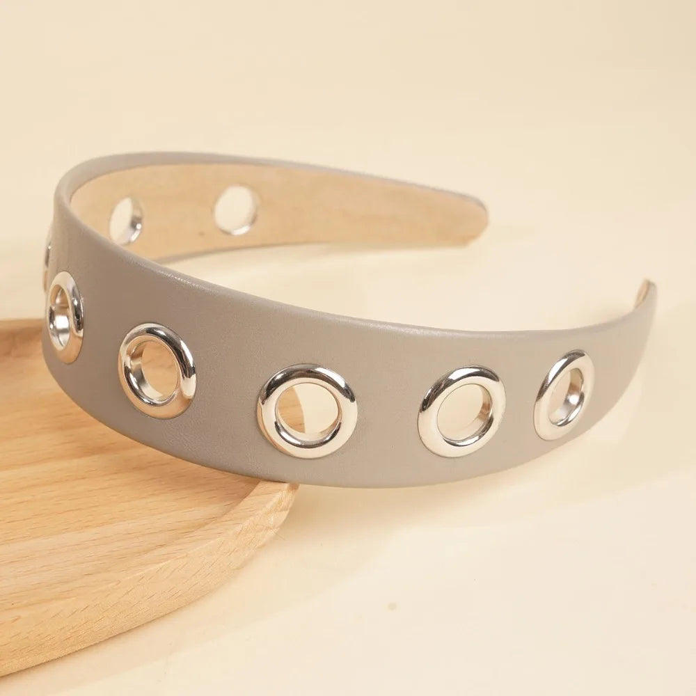 Punk PU Leather Headband | Metal Grommet Steampunk Hair Wrap Punk Hair Headband Axl Grey