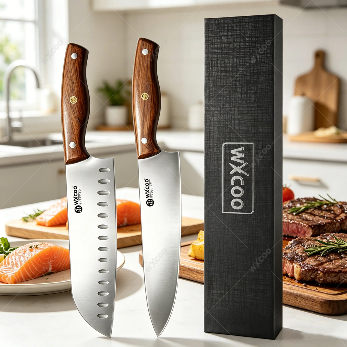 WXCOO Japanese Santoku Knife Set – 5-Piece Stainless Steel Kitchen Knife Set Axl 2PCS A