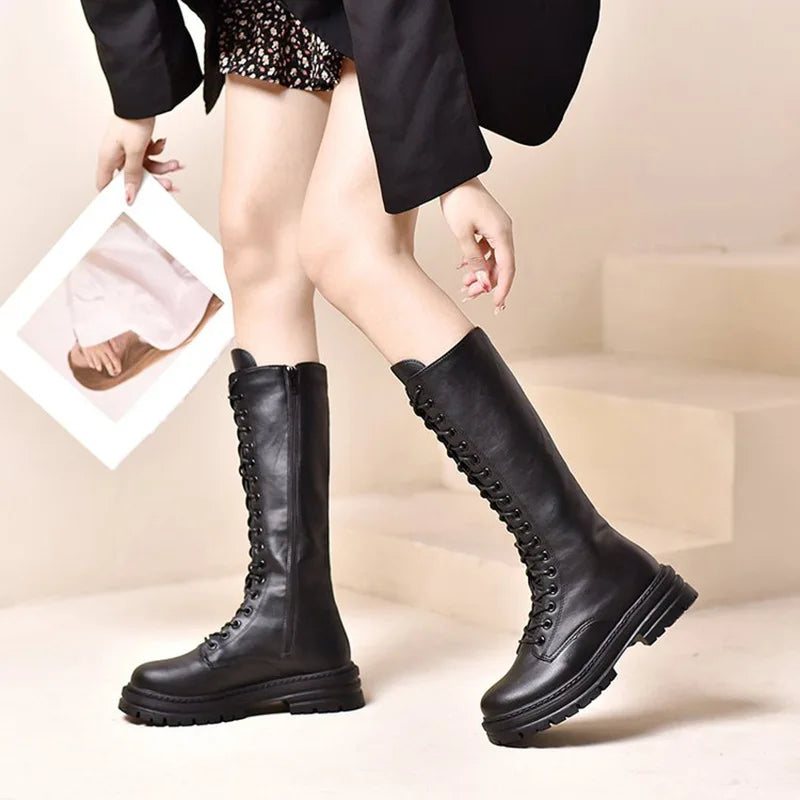 Women's Platform Knee-High Boots | Chunky Lace-Up Punk Boots Platform Knee-High Boots Axl