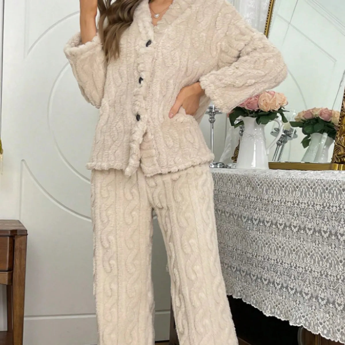 Women's Coral Velvet Pajama Set – Thick Warm Winter Loungewear Women's Pajama Set Axl Khaki S