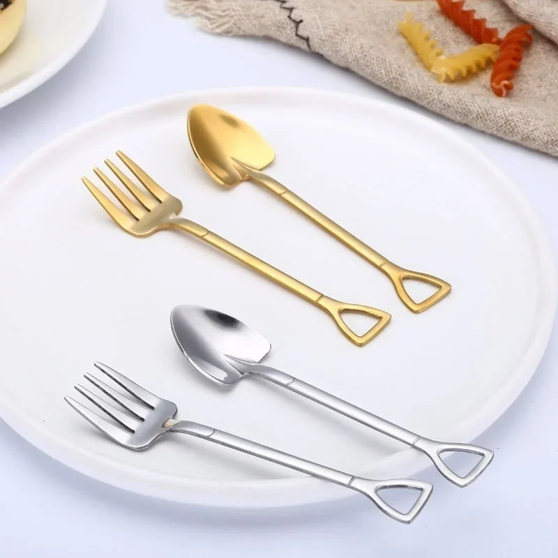 Shovel Shape Stainless Steel Dessert Spoon & Fruit Fork Novelty Flatware Axl