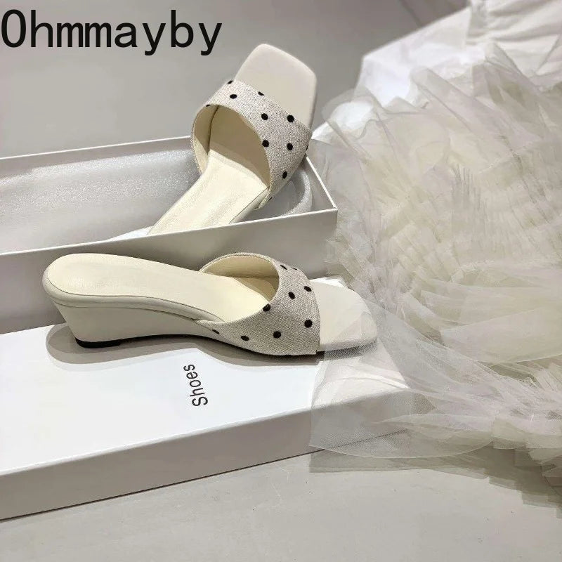 Women's Polka Dot Wedge Slides | Square Toe Slip-On Sandals Wedge Slide Sandals Axl