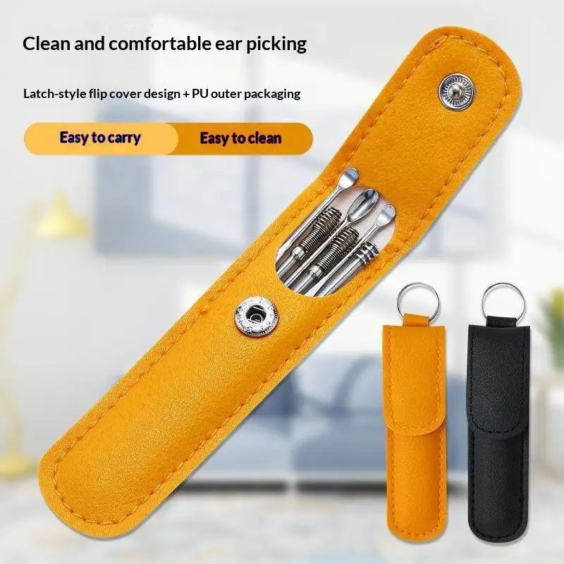 6-Piece Stainless Steel Ear Pick Set with PU Pouch Ear Cleaning Kit Axl