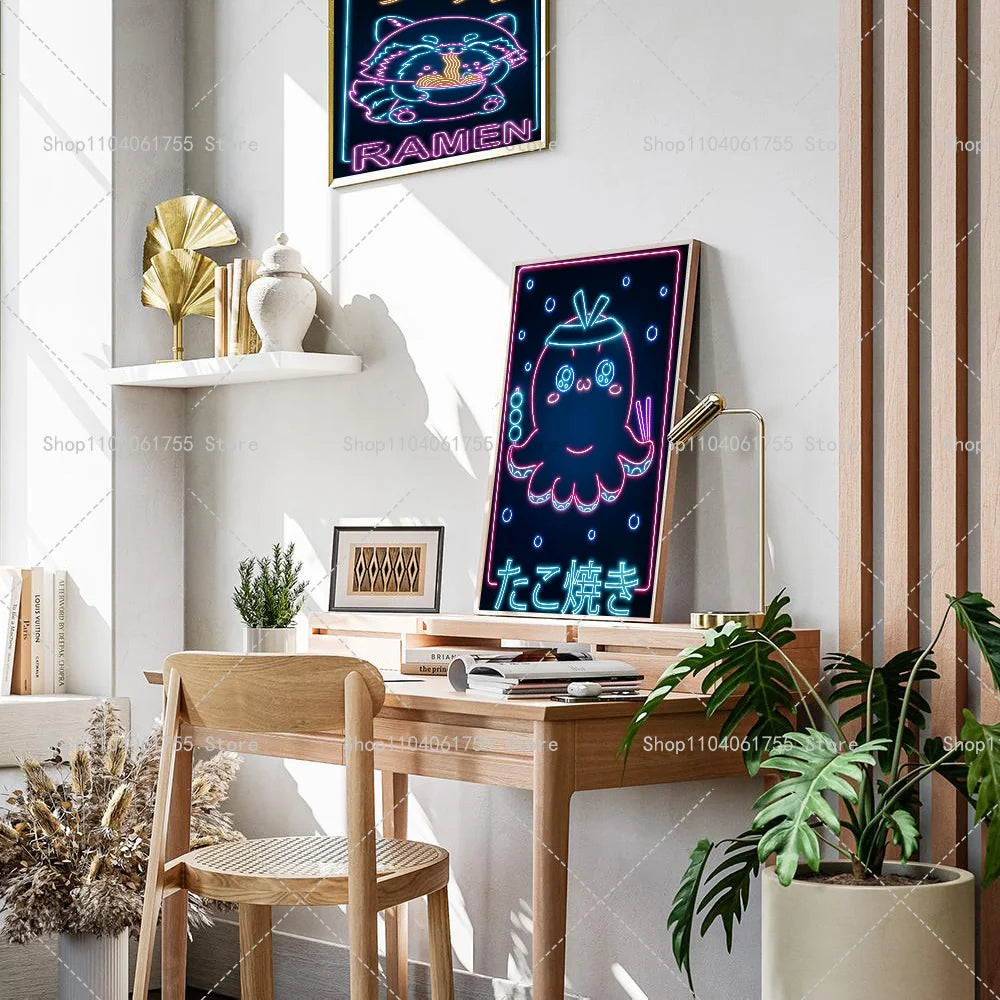 Neon Retro Japanese Ramen Sushi Cat Wall Poster Sticker Wall Poster Sticker Axl
