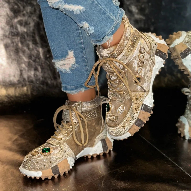 Women's Rhinestone High-Top Sneaker Boots | Thick Sole Lace-Up High-Top Sneaker Boots Axl