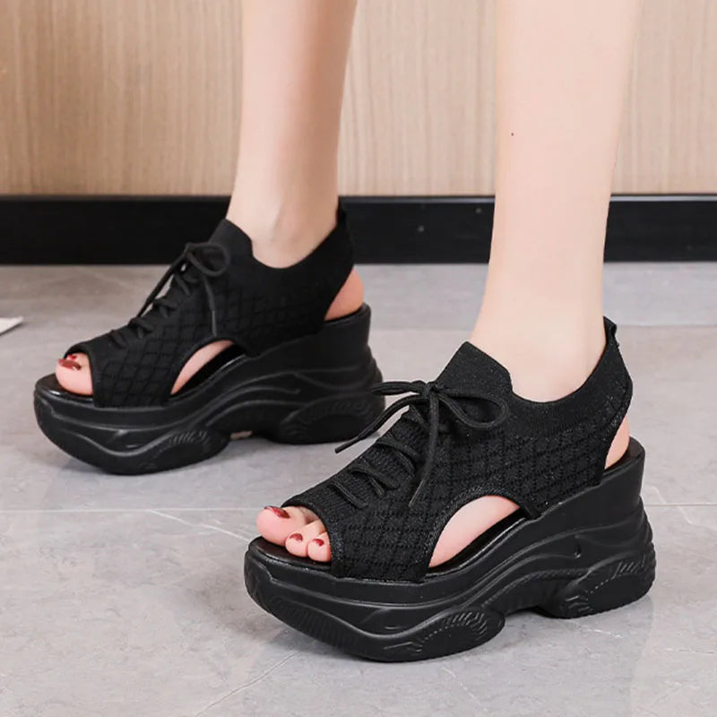 Women's Lace-Up Wedge Sandals – Round Toe Roman Summer Wedge Sandals Axl black 40
