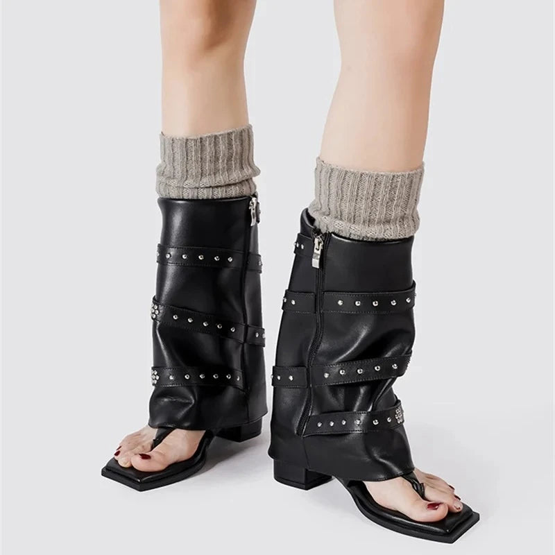 Women's Punk Ankle Boots | Square Toe High Heel Buckle Strap Punk Ankle Boots Axl