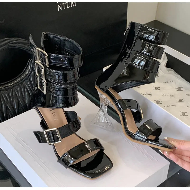 Women's Patent Leather High Heel Gladiator Sandals Square Toe High Heel Sandals Axl