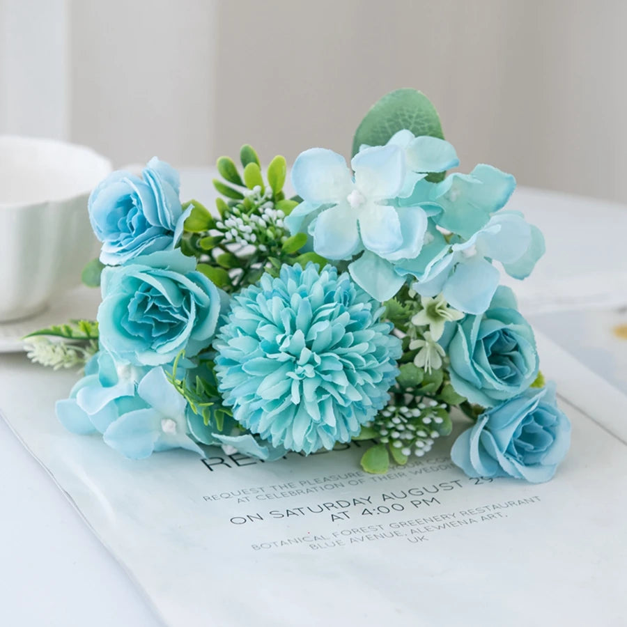 Silk Rose & Chrysanthemum Bouquet – Wedding Garden Decor Artificial Silk Bouquet Axl Blue 2pcs