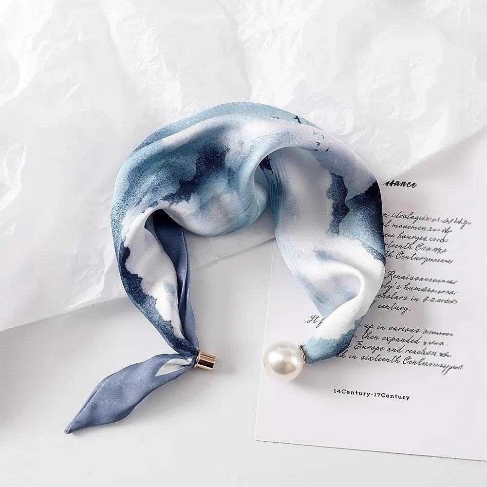 Women's Printed Polyester Scarf – Pearl & Magnetic Buckle Fashion Scarf Axl Light Blue