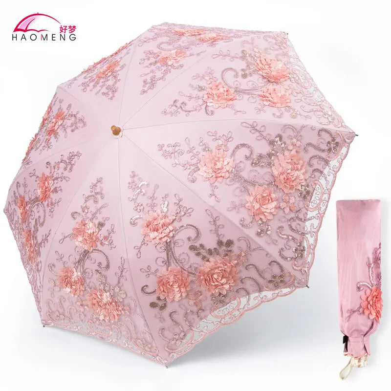 Women's Lace Embroidery Folding Parasol – UV & Rain Umbrella Folding Parasol Axl Style 4 Aluminum 8K