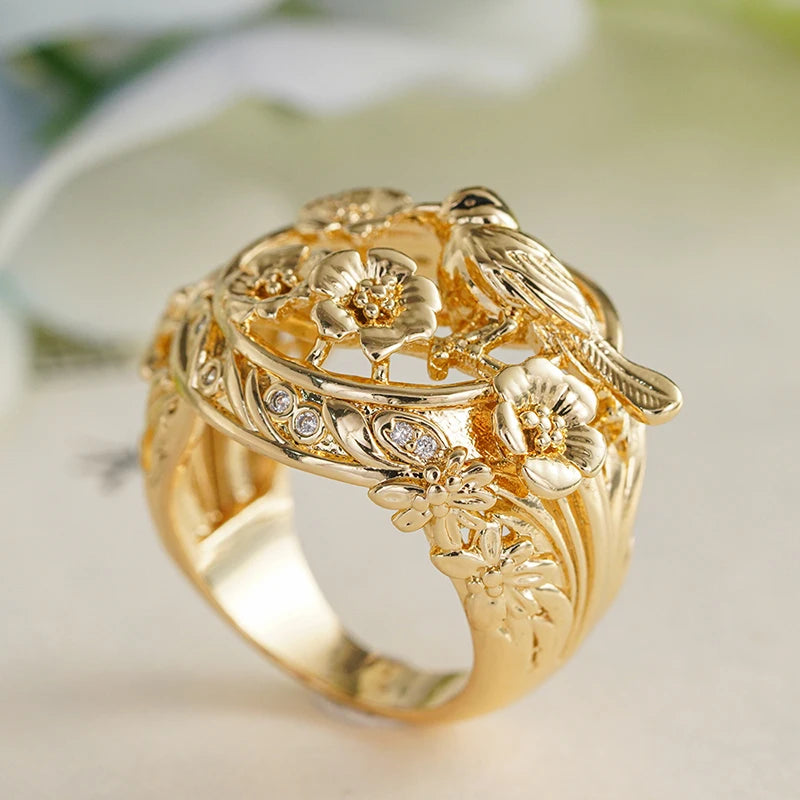Huitan Gold Hollow Flower Bird Ring – Women's Fashion Jewelry Fashion Ring Axl
