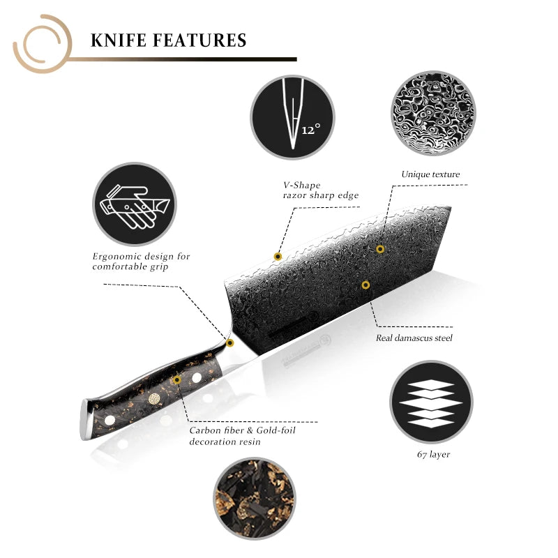 Grandsharp 7.5" Damascus Steel Chinese Cleaver – Carbon Fiber Damascus Cleaver Knife Axl