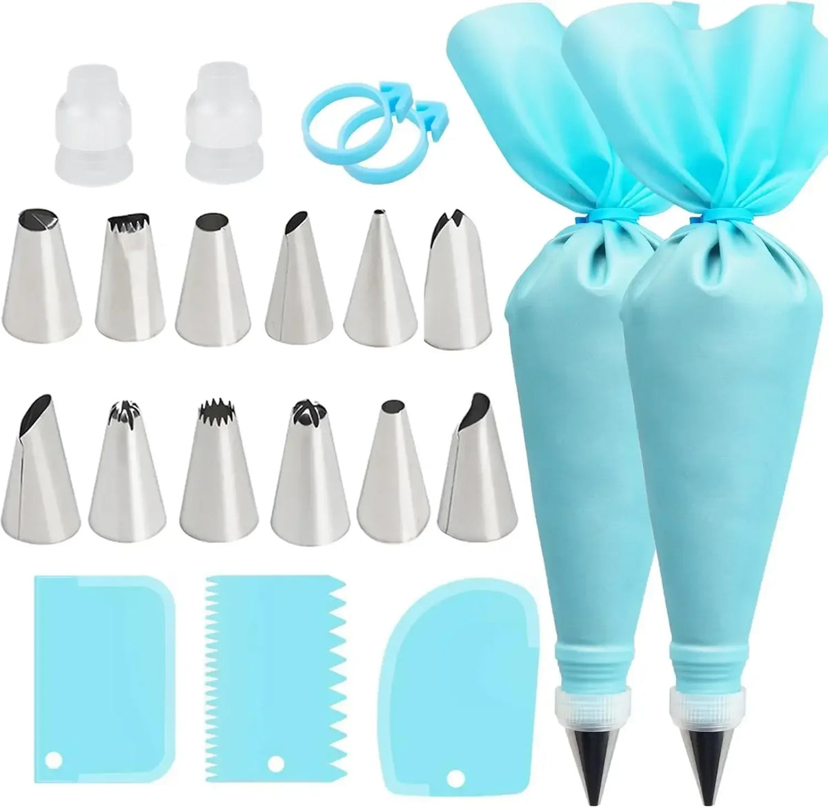 Reusable Silicone Piping Bag Set – 12 Steel Cake Nozzles Cake Decorating Set Axl SKY BLUE