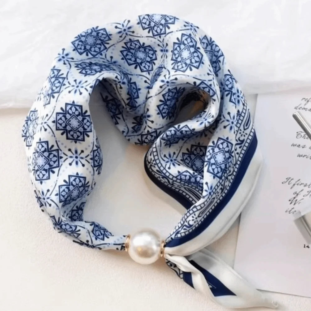 Women's Printed Polyester Scarf – Pearl & Magnetic Buckle Fashion Scarf Axl Blue White