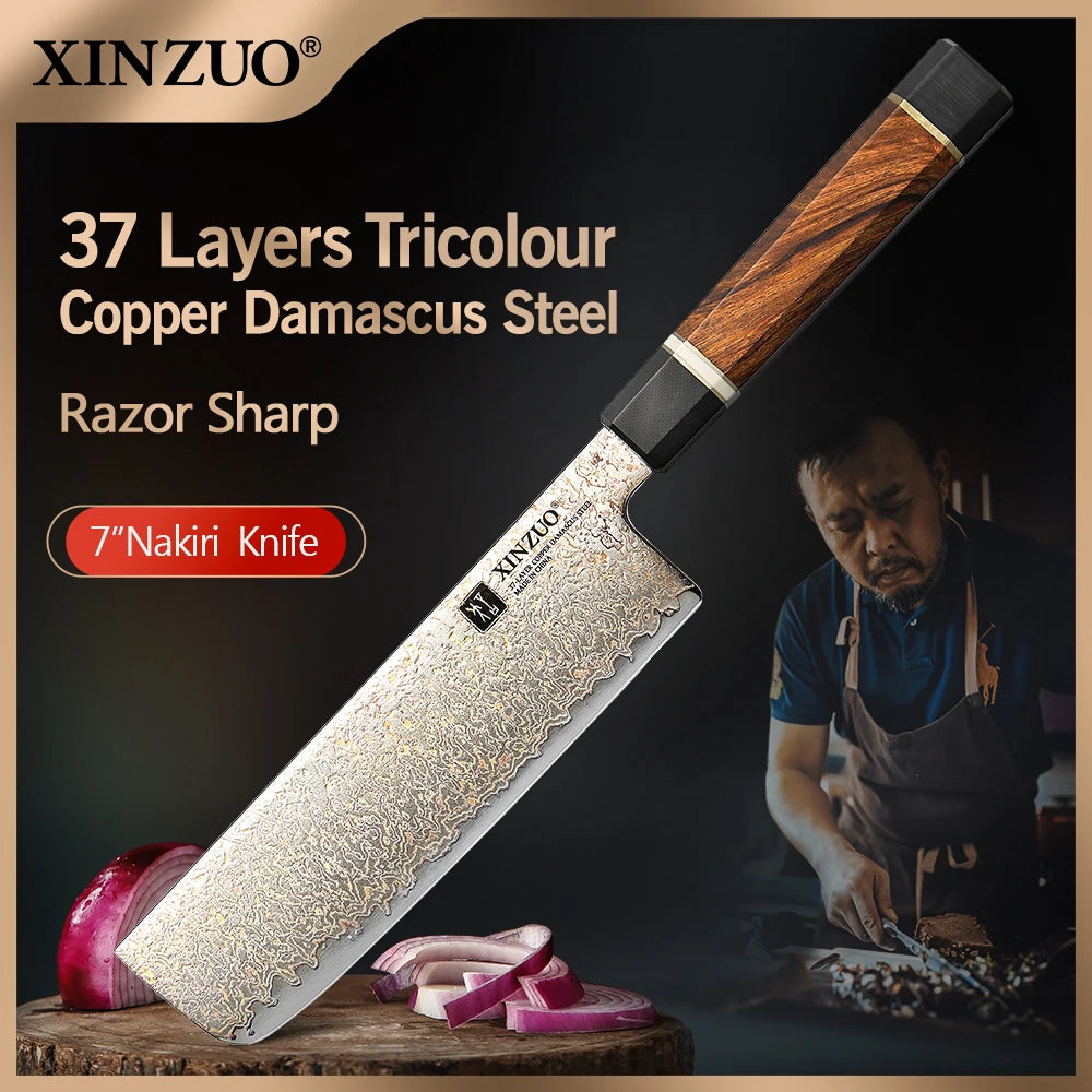 XINZUO 7" Nakiri Knife – 37-Layer Tricolour Damascus Steel Damascus Kitchen Knife Axl
