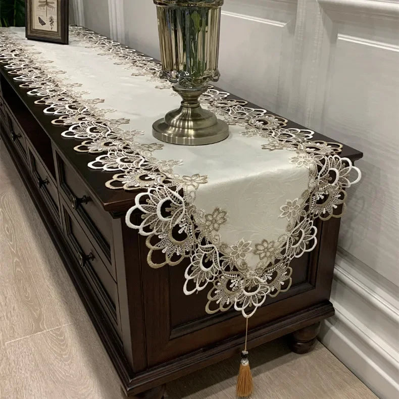 White Lace Embroidered Table Runner – Dust-Proof Fabric Cover Lace Table Runner Axl