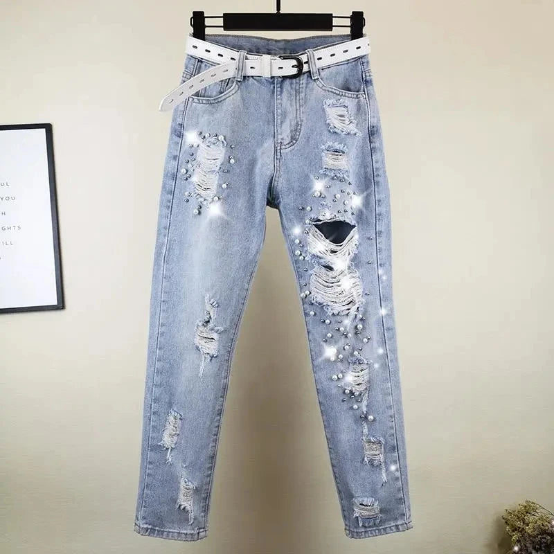 Women's Ripped Jeans Rhinestone Beaded High Waist Cropped Embellished Denim Jeans Axl Blue hole XL China Mainland
