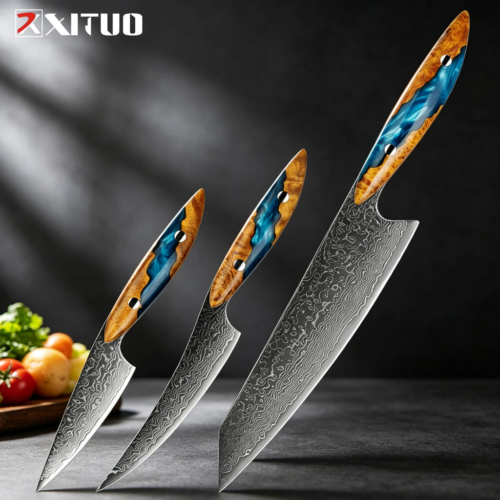 XITUO Damascus Chef Knife Set – 67-Layer VG10 Steel, 1-3 Pcs Damascus Kitchen Knife Set Axl