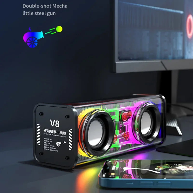 V8 Transparent Mecha Bluetooth Speaker RGB TWS Subwoofer Portable Bluetooth Speaker Axl