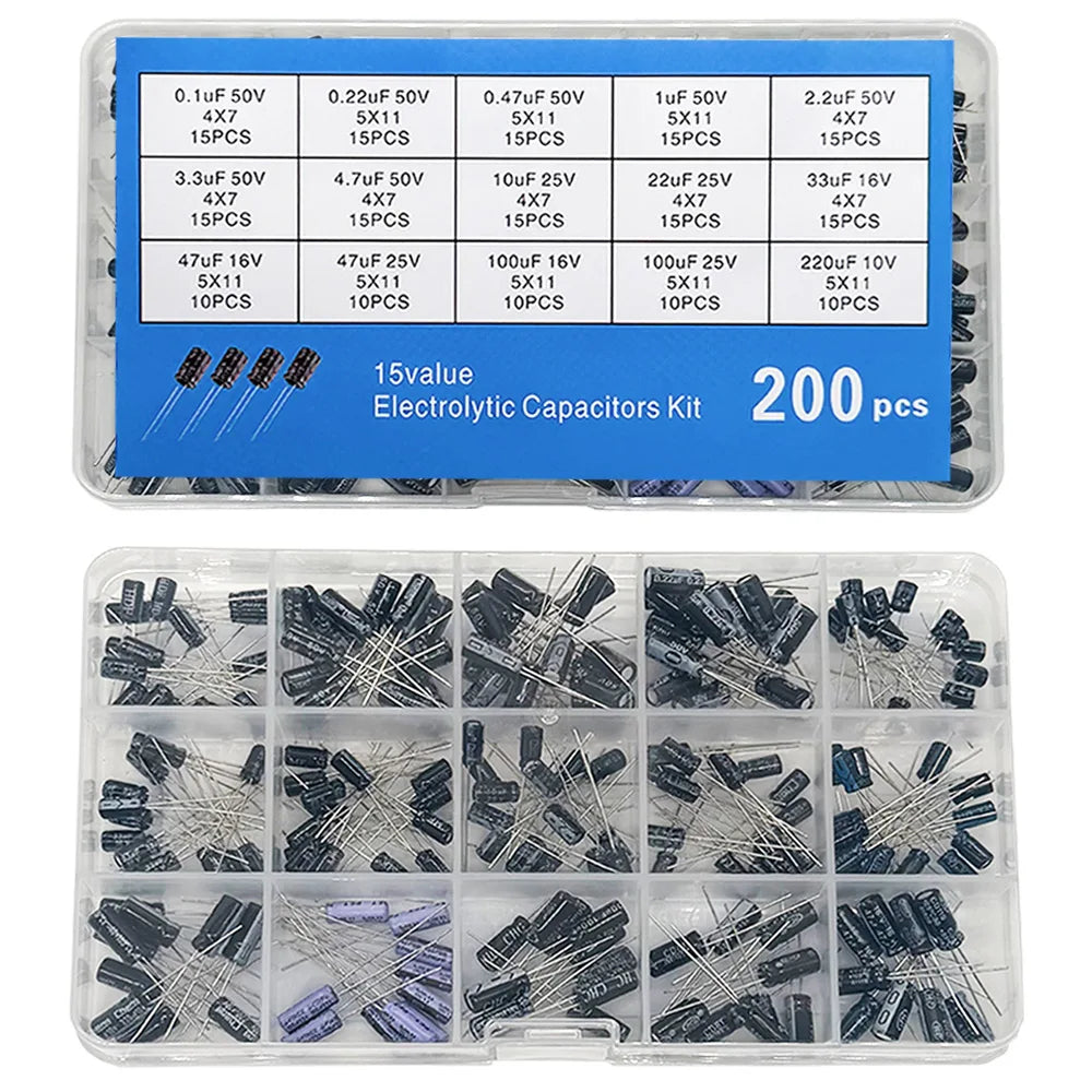 200 PCS Electrolytic Capacitor Kit – 15 Values 10V–50V Capacitor Assortment Kit Axl