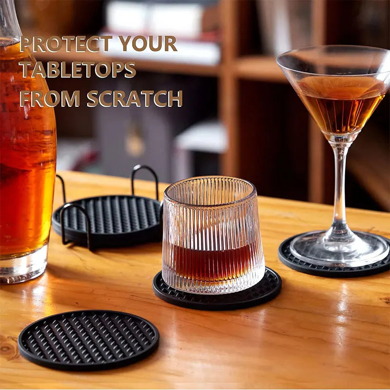 Silicone Drink Coasters Set of 6 with Holder | Dishwasher Safe Drink Coaster Set Axl