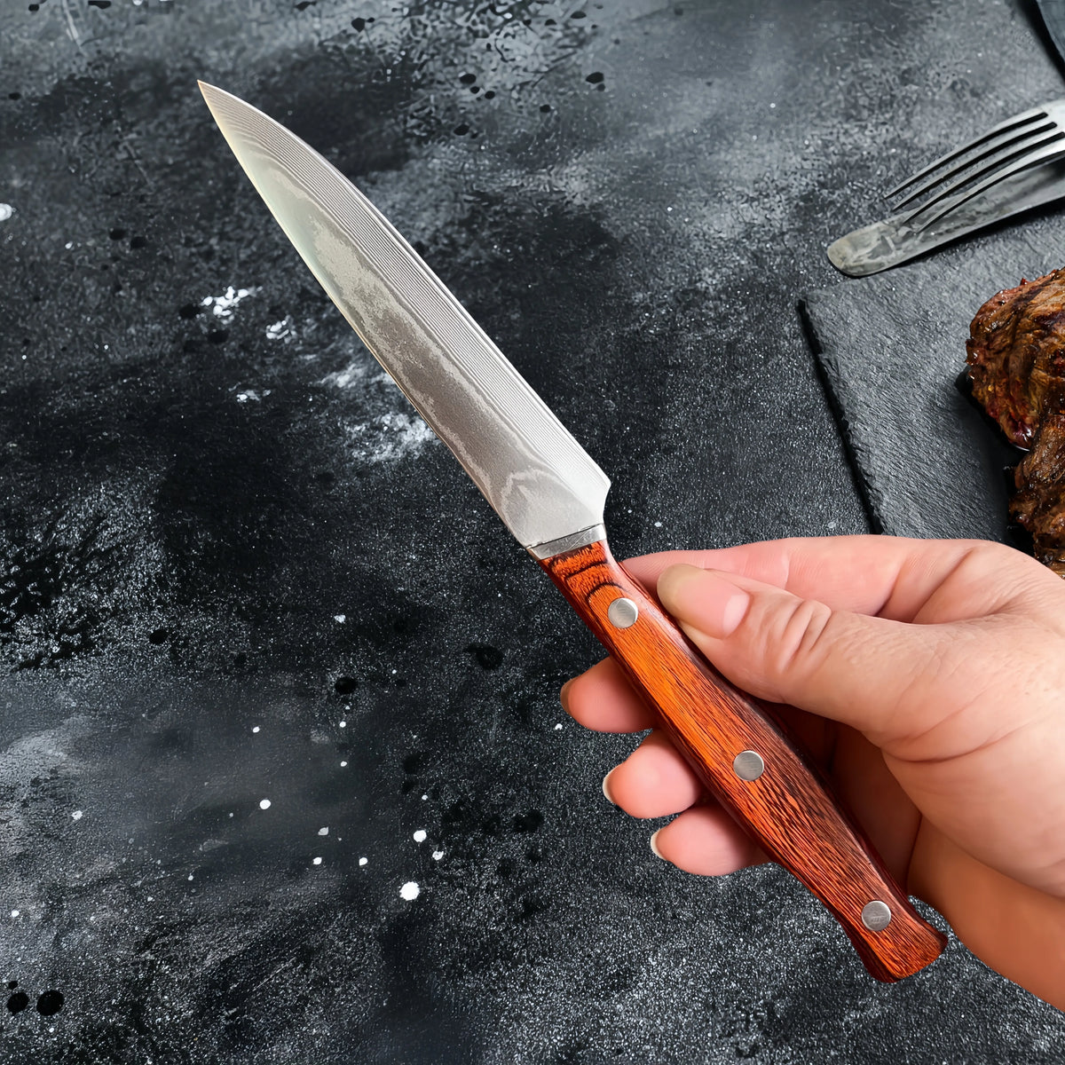 67-Layer Damascus VG10 Steak Knife – Wood Handle & Sheath Damascus Kitchen Knife Axl