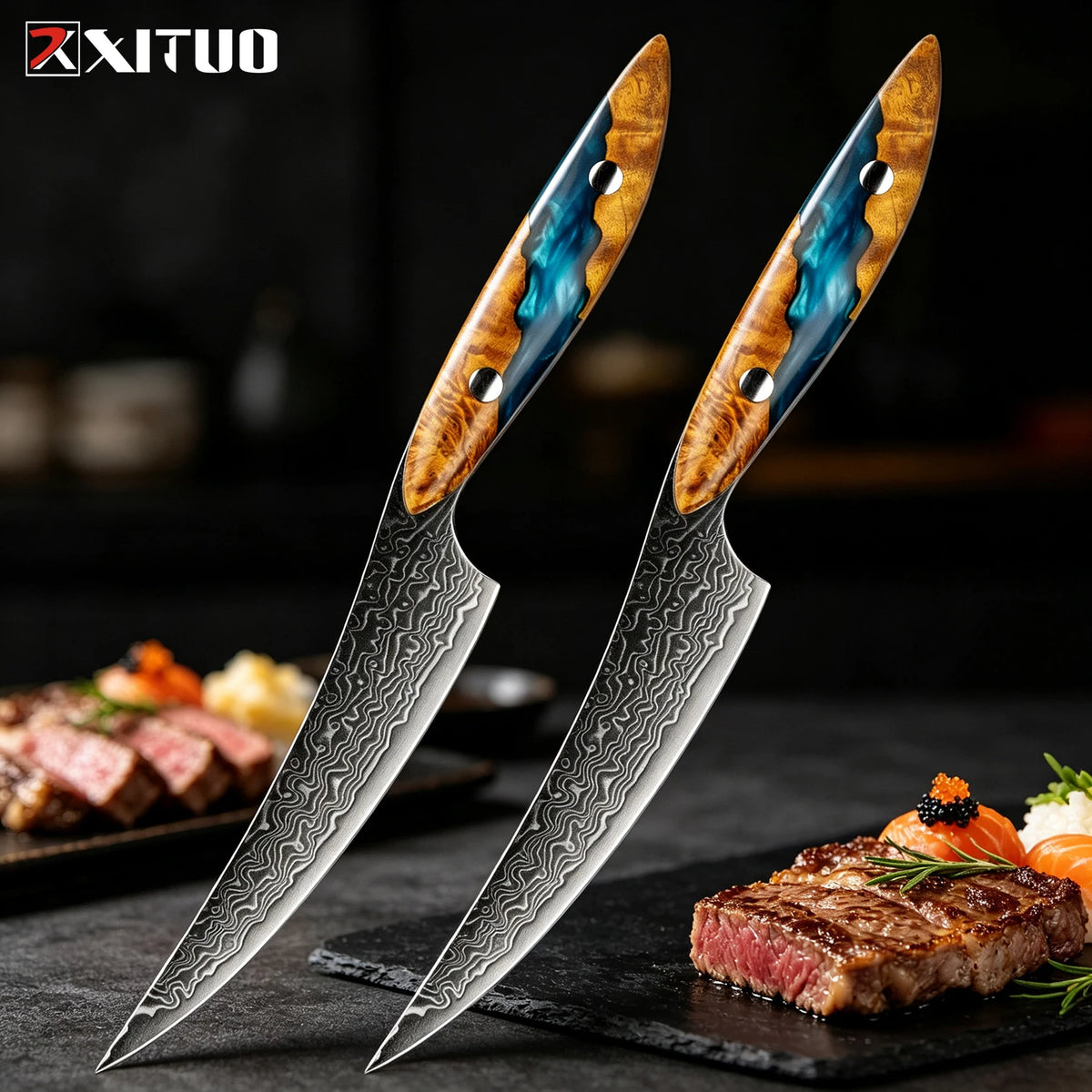 XITUO Damascus Steel Steak Knives Set 1–4 | Full Tang Handle Steak Knife Set Axl 2PCS Steak Knife