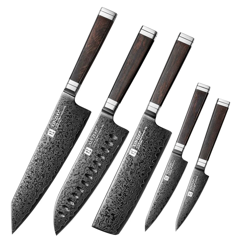 XINZUO 5-Piece Damascus Knife Set | Black Titanium Japanese Damascus Knife Set Axl 5PCS Knife Set