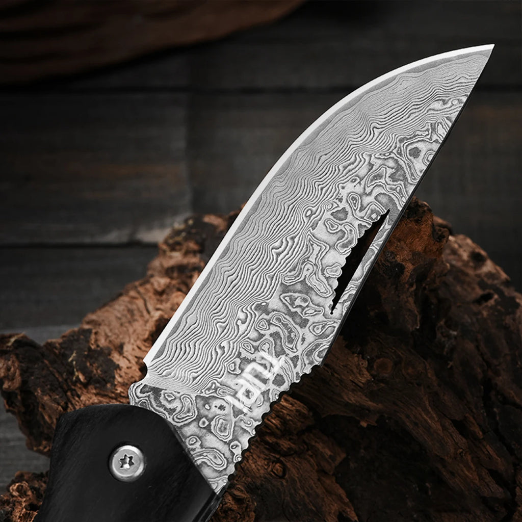 Damascus Steel Folding Pocket Knife – Wave Grain Wood Handle EDC Folding Pocket Knife Axl