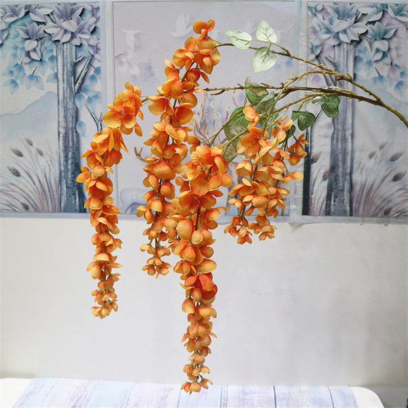 Artificial Wisteria Hanging Flower Strings – 6 Stem Wall Decor Artificial Hanging Flowers Axl Orange