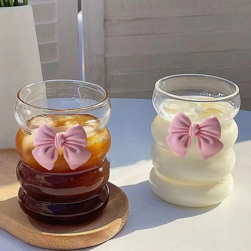 Cute Pink Bow Glass Cup – Borosilicate Striped Drinkware Glass Drinkware Cup Axl