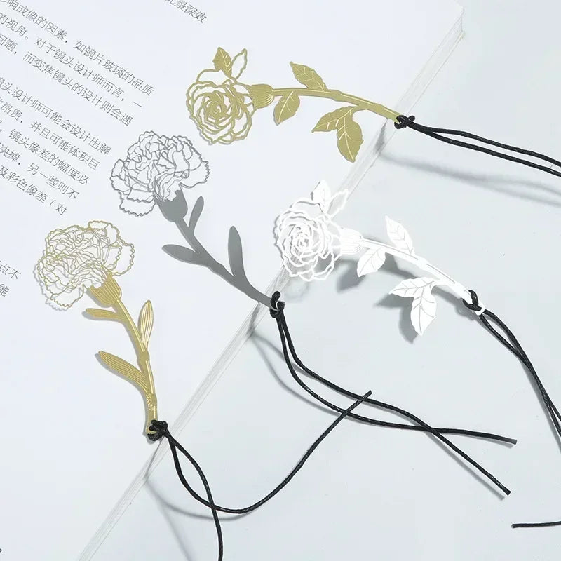Brass Metal Flower Bookmark – Hollow Rose & Carnation Gift Metal Bookmark Axl