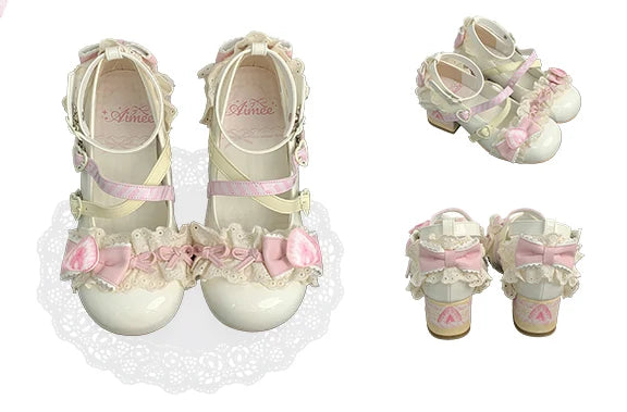 Women's Lolita Mary Jane Heels – Lace Strawberry Bowknot Pumps Mary Jane Pumps Axl Beige 37