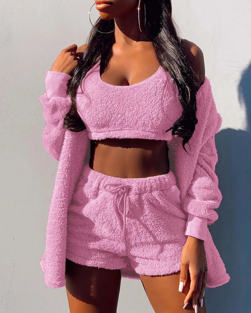 Women's 3-Piece Velvet Fleece Pajamas Set – Crop Top Shorts Coat Women's Pajamas Set Axl