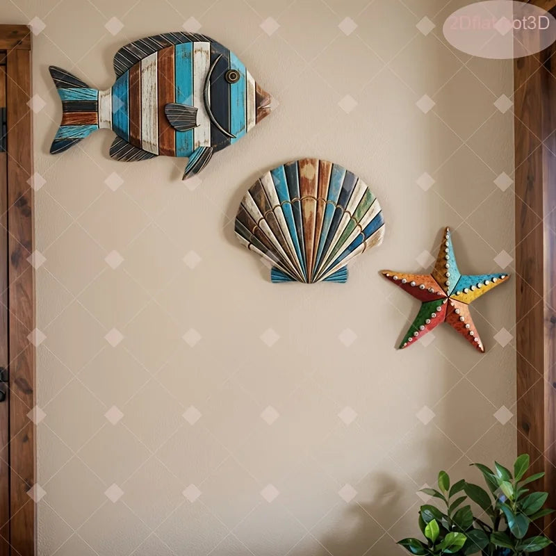 3-Piece Wooden Ocean Art – Fish Shell Starfish Farmhouse Decor Wooden Home Decor Axl