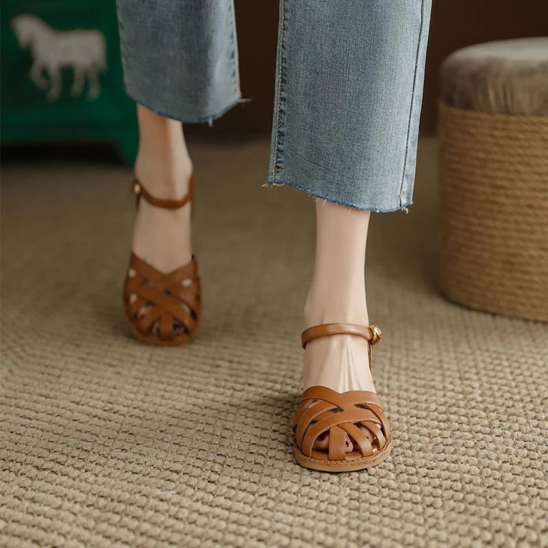 Women's Woven Flat Sandals – Boho Roman Buckle Strap Summer Women's Flat Sandals Axl Brown 37 CN