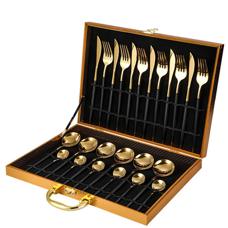 24-Piece Gold Stainless Steel Cutlery Set for 6 | Gift Box Flatware Cutlery Set Axl Gift box-Black-gold
