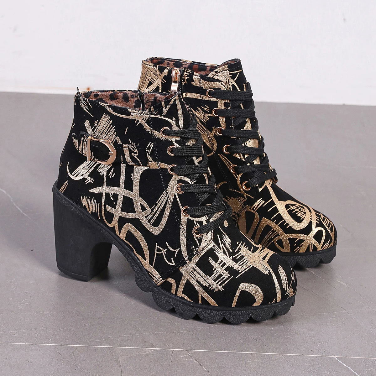 Women's Lace-Up Ankle Boots – Square Heel & Anti-Slip Sole Ankle Boots Axl Gold 38