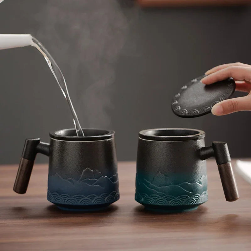 Japanese Ceramic Tea Mug with Lid, Strainer & Wood Handle Ceramic Tea Mug Axl