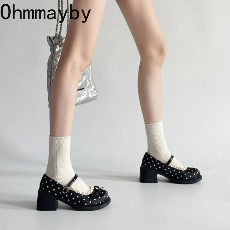 Polka Dot Mary Jane Pumps – Women's Butterfly-Knot Block Heel Mary Jane Pumps Axl