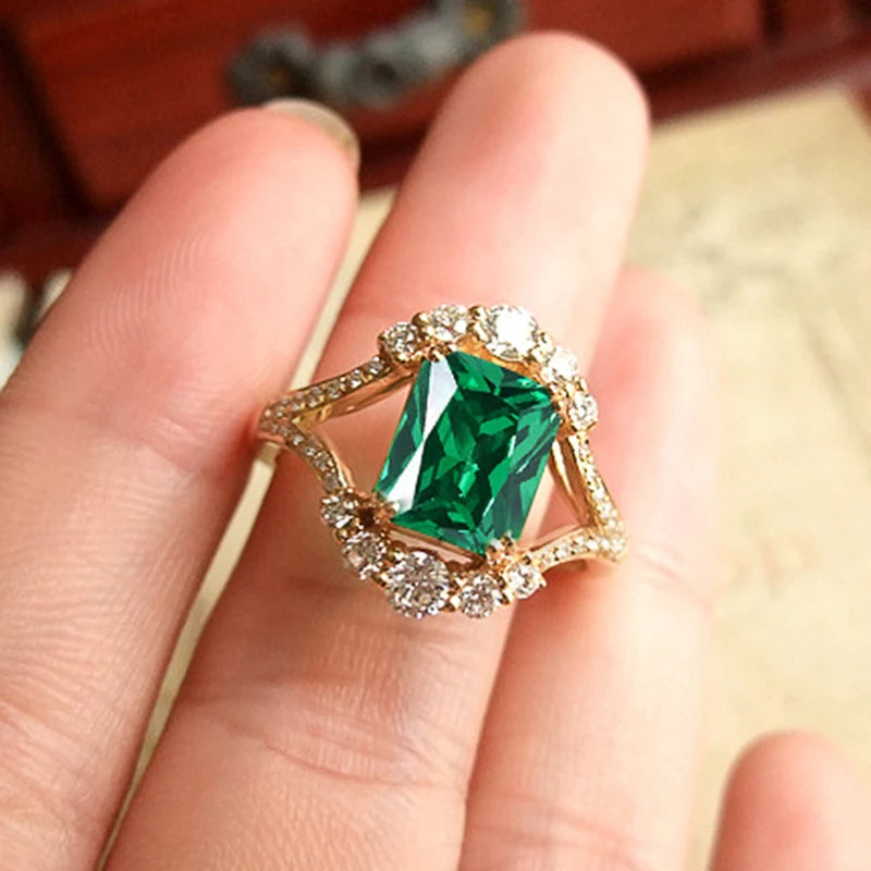 Huitan Green Cubic Zirconia Square Ring | Gold Fashion Jewelry Fashion Ring Axl