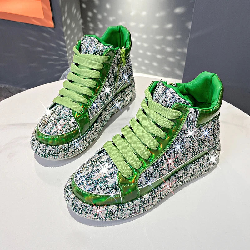 Women's Rhinestone High-Top Sneakers – Thick Sole Lace-Up High-Top Sneakers Axl