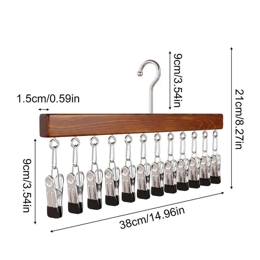 Wood Pants Hanger 12 Clips – Space-Saving Wardrobe Organizer Clothing Hanger Organizer Axl Dark walnut